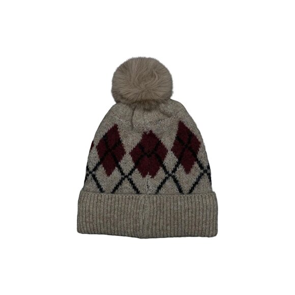 Wool Blend Argyle Fleece Pom Pom Beanie | Cozy Winter Hat NWT - OS - Picture 6 of 7